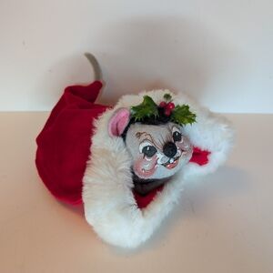 Vintage Annalee Felt Mouse in Santa's hat plush Decor Open eyes Stocking Holly